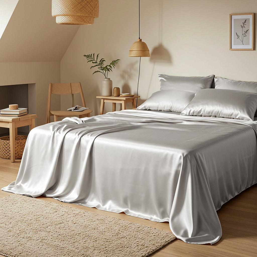 Satin Quilt Cover - Silver Ivory & Deene