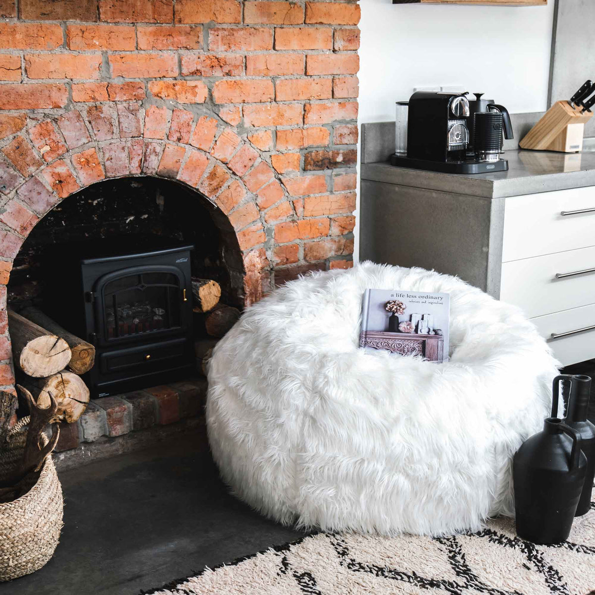 Lush Fur Bean Bag - White Ivory & Deene