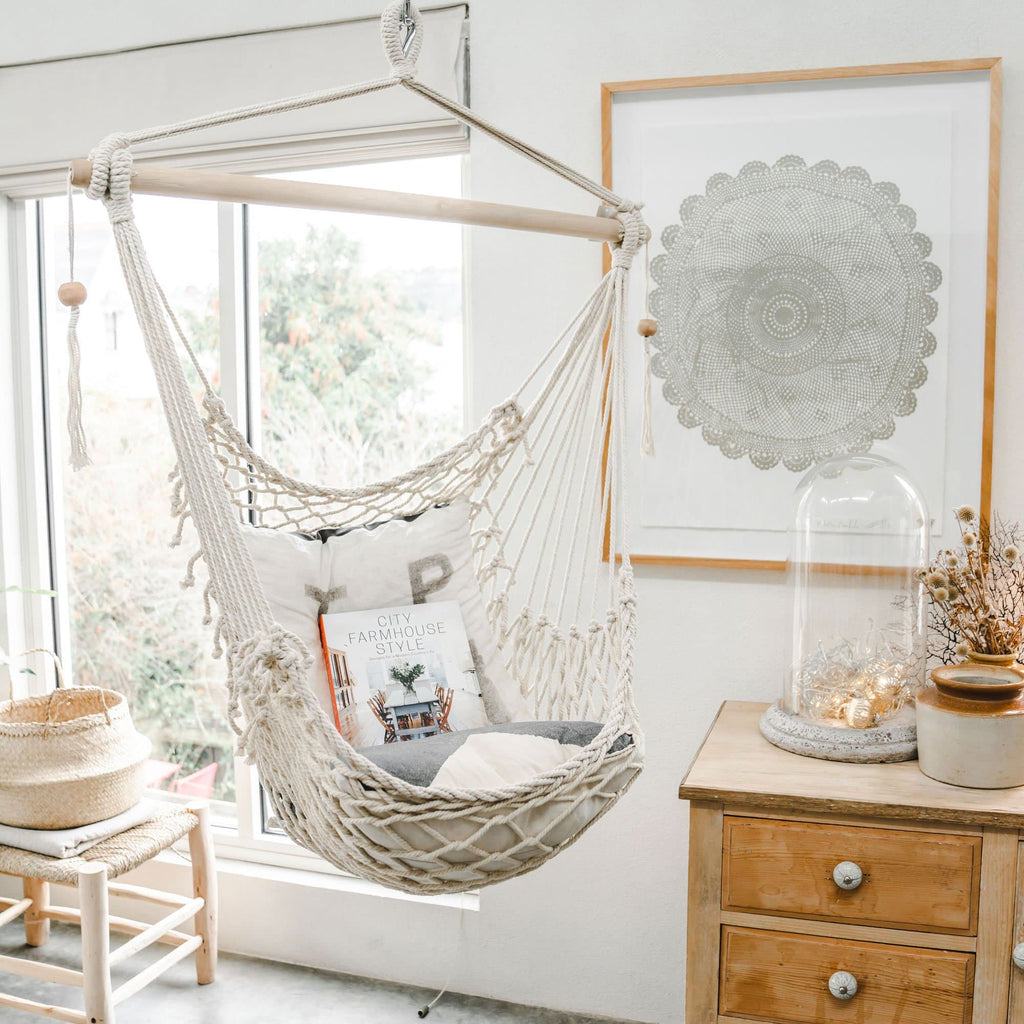 Salvador Macrame Hanging Hammock Chair - Natural Ivory & Deene