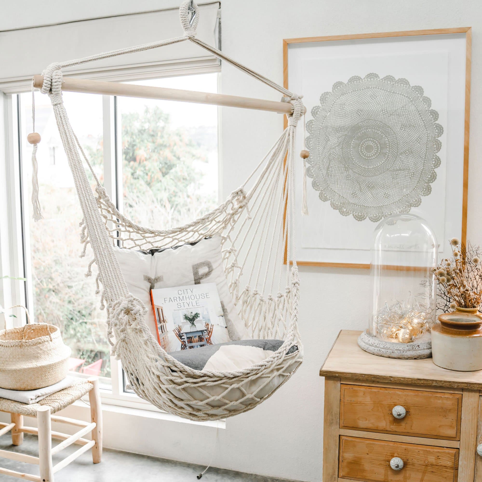 Salvador Macrame Hanging Hammock Chair - Natural Ivory & Deene