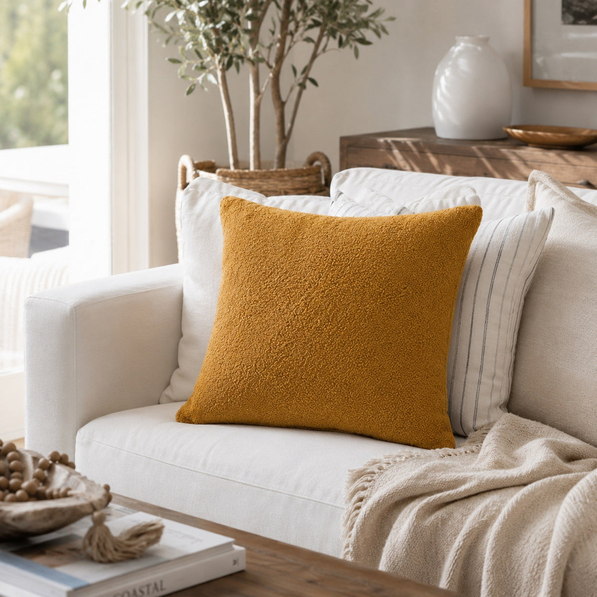 Boucle Teddy Cushion Cover + Insert - Mustard Ivory & Deene
