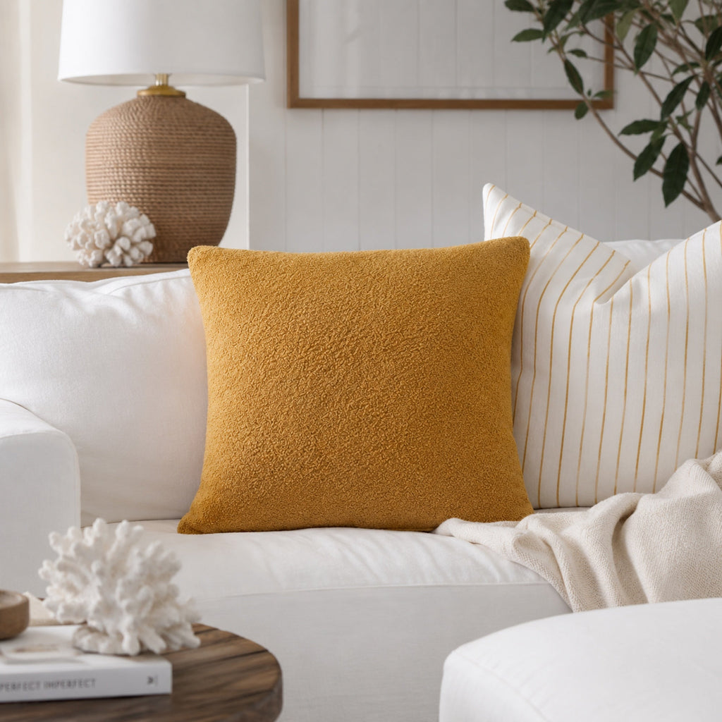 Boucle Teddy Cushion Cover + Insert - Mustard Ivory & Deene