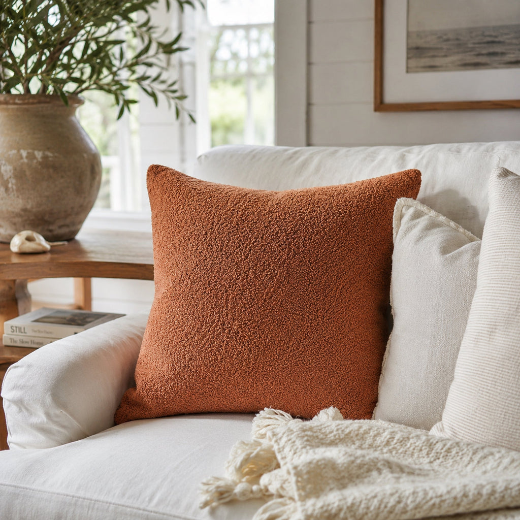 Boucle Teddy Cushion Cover + Insert - Rust Ivory & Deene