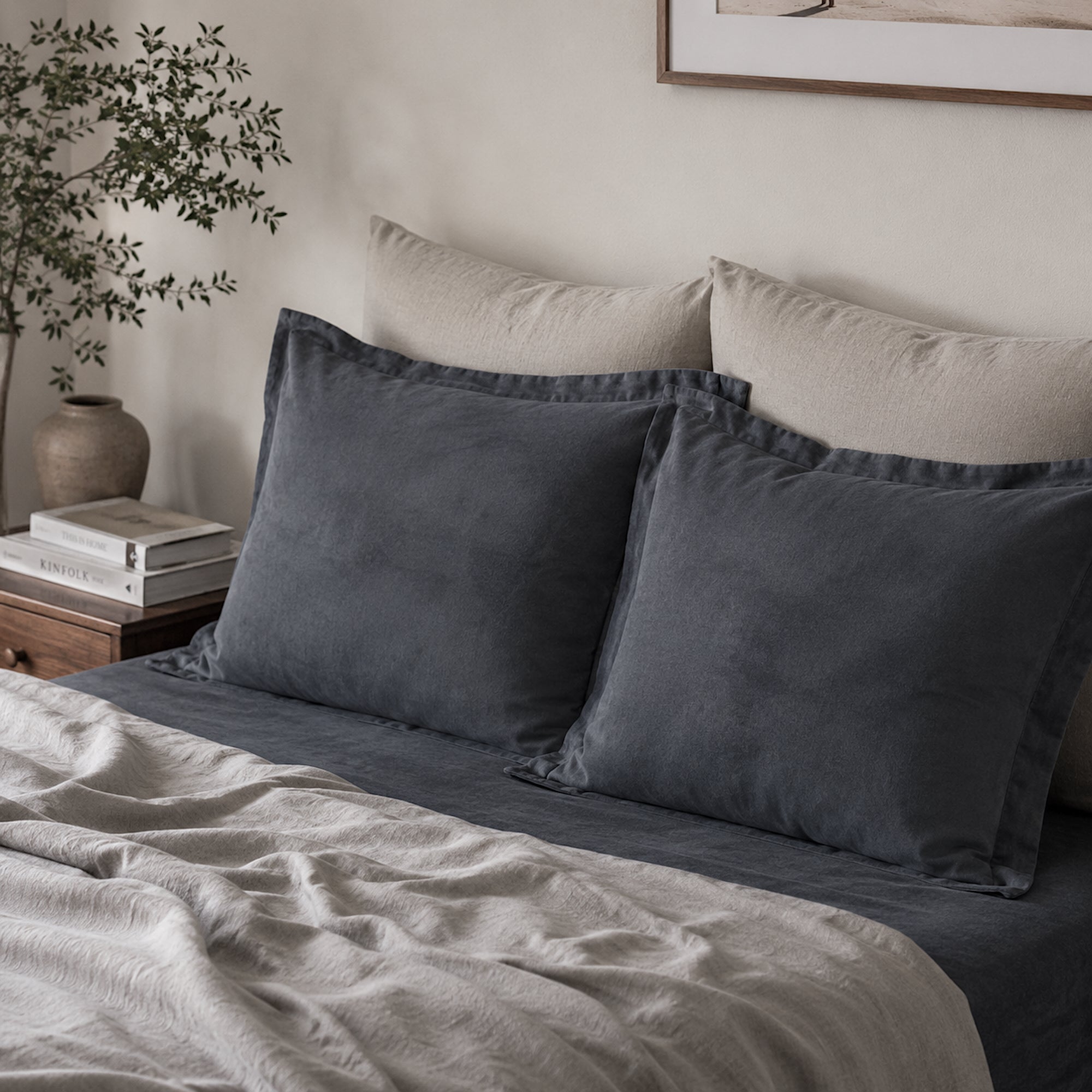 Fur Velvet European Pillowcase Set - Charcoal Ivory & Deene