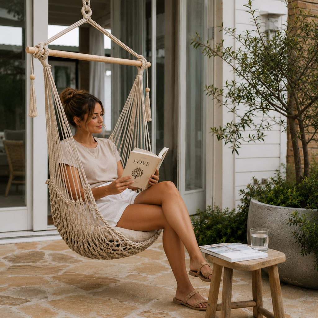 Salvador Macrame Hanging Hammock Chair - Natural Ivory & Deene