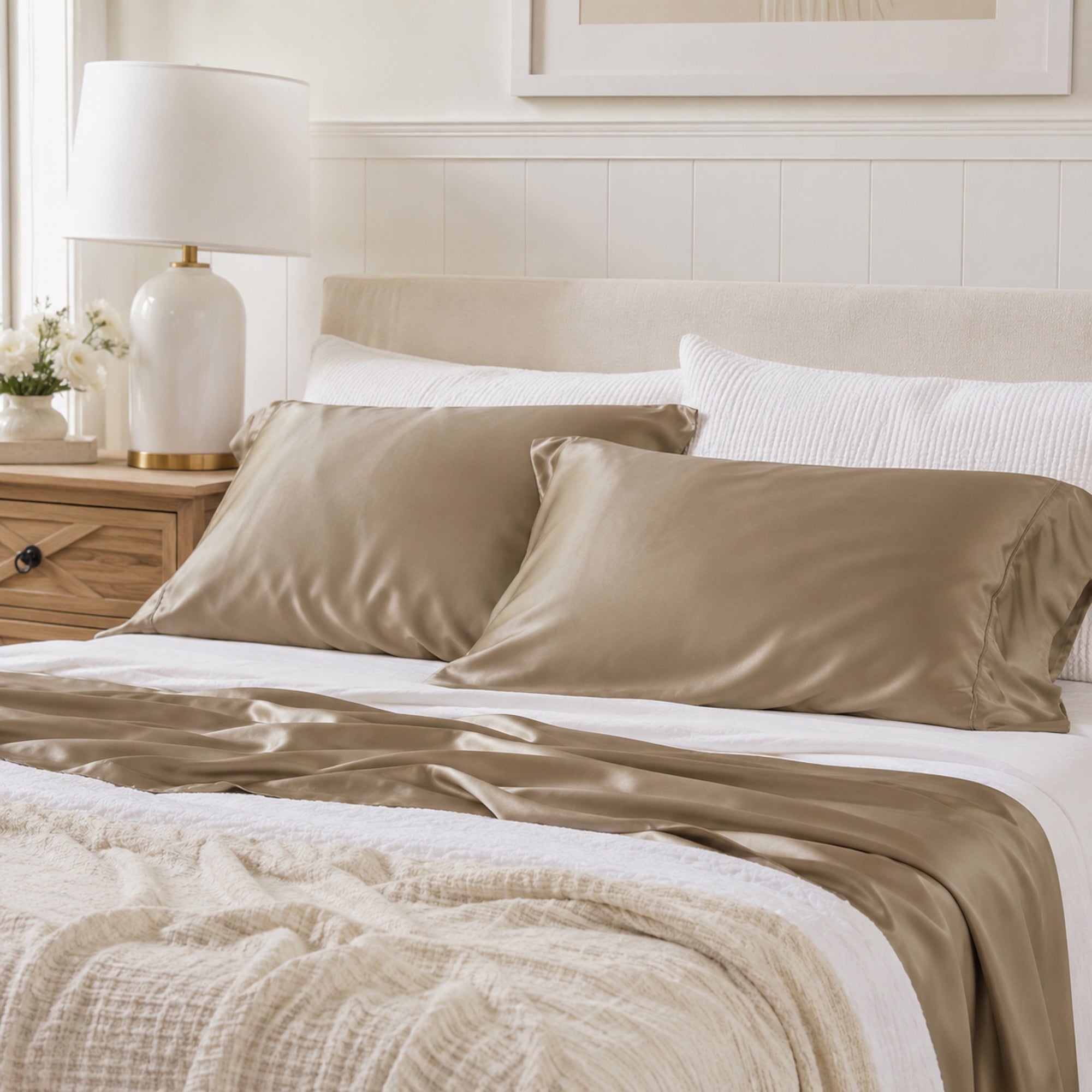 Silky Soft Bamboo Standard Pillowcase Set - Latte Ivory & Deene
