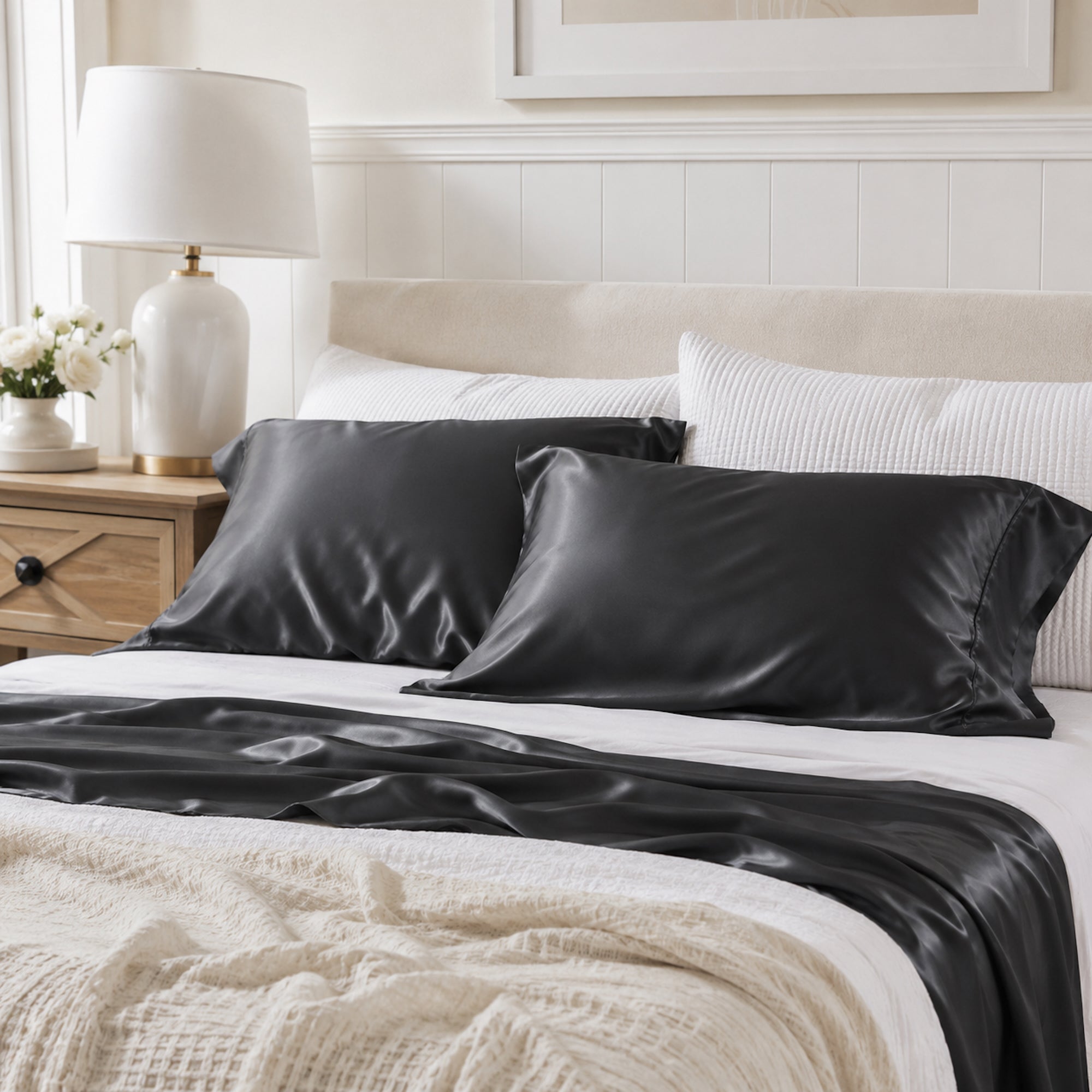 Silky Soft Bamboo Pillowcase Set - Charcoal Ivory & Deene