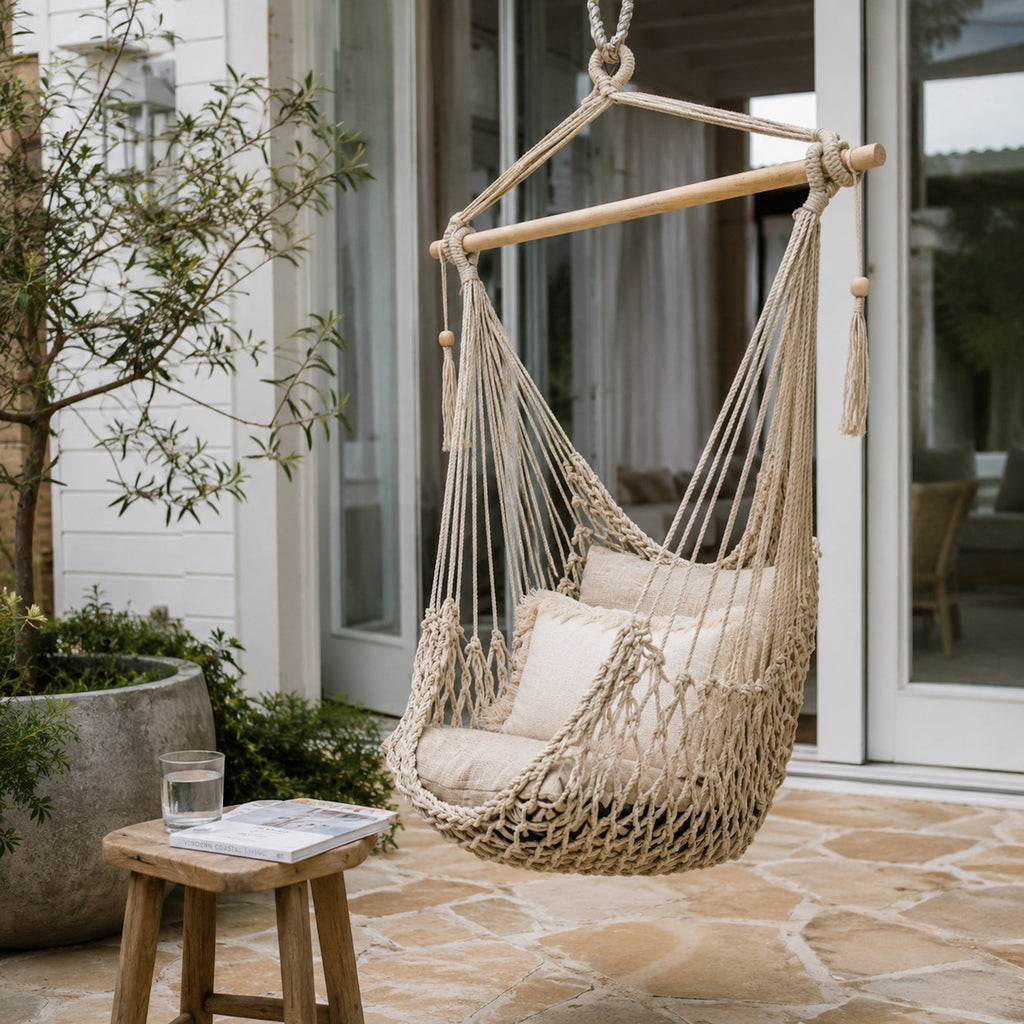 Salvador Macrame Hanging Hammock Chair - Natural Ivory & Deene