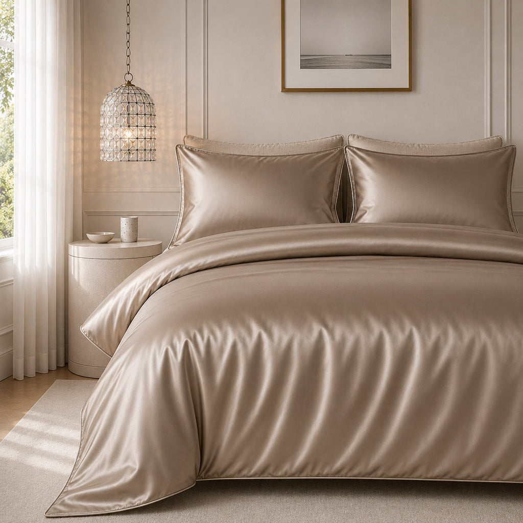 Satin Quilt Cover - Champagne Latte Ivory & Deene