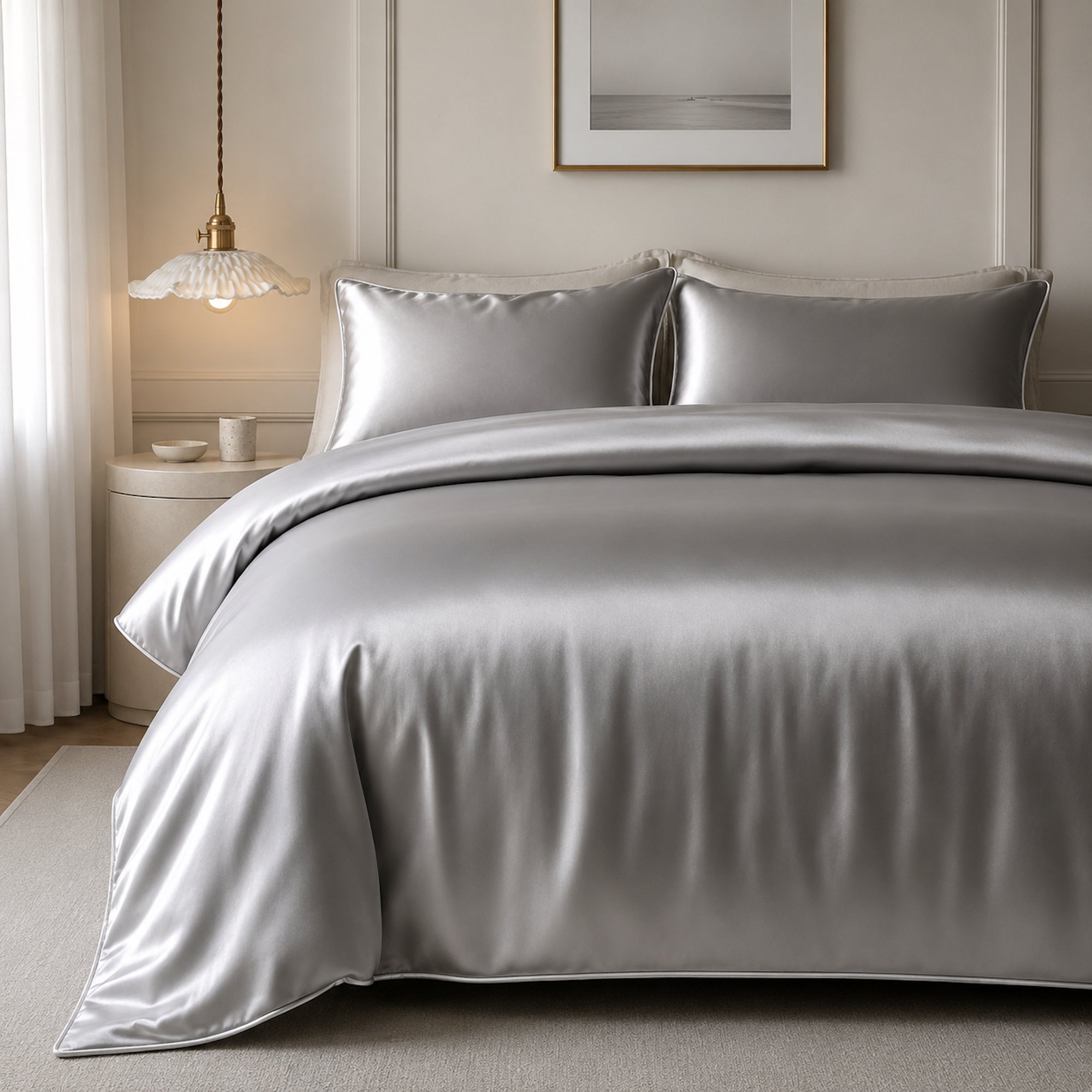 Satin Quilt Cover - Silver Ivory & Deene