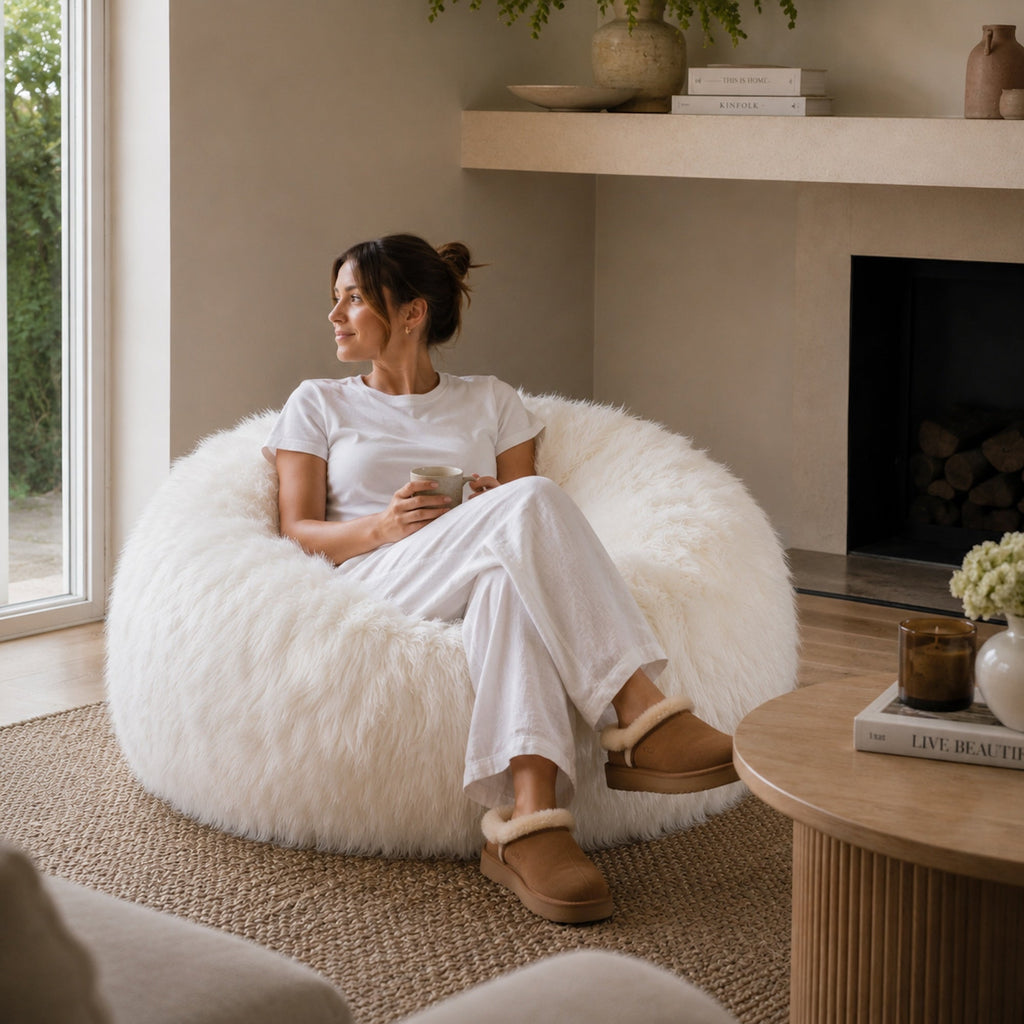 Lush Fur Bean Bag - White Ivory & Deene