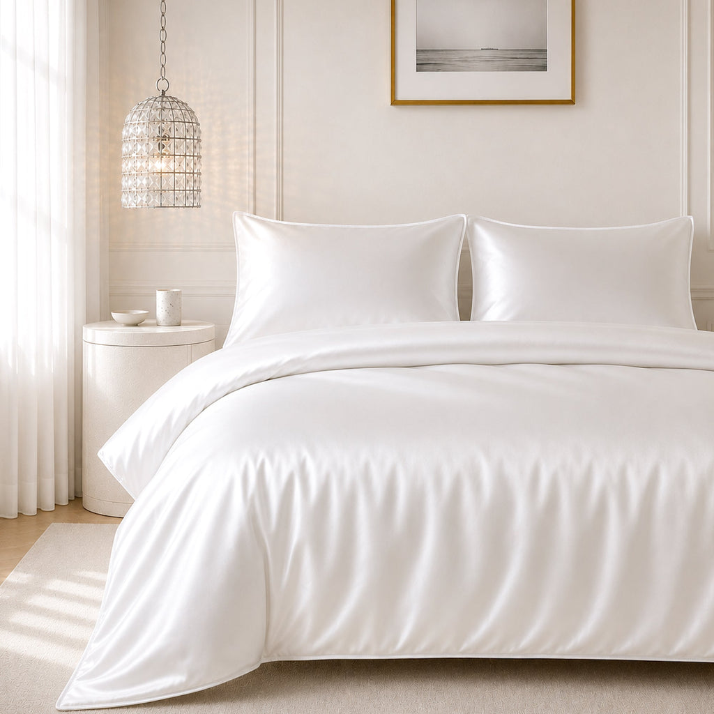Satin Quilt Cover - White Ivory & Deene